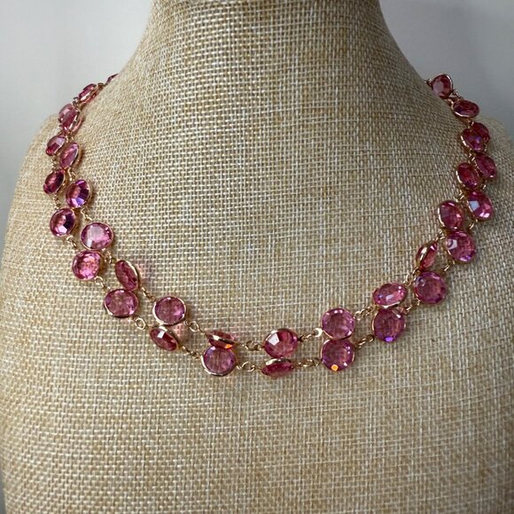 Pink Glass Crystal Gold Tone Long Necklace 36 Inch Length Elegant Jewelry - Picture 5 of 6
